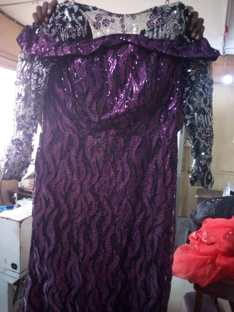 Fully beaded gown with puff sleeve